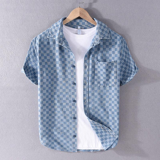 Plaid Short Sleeve Denim Shirt Casual All-match Cotton Shirt - amazitshop