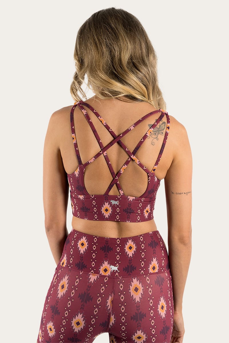 Harlow Womens Long Sports Bra - Cabernet with Montana Print