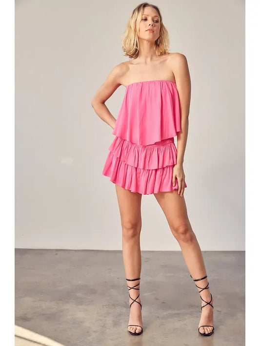 HOT PINK TUBE TOP RUFFLE SLEEVE DRESS