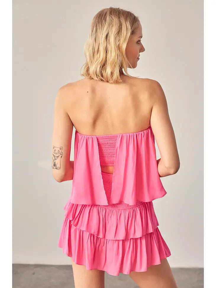 HOT PINK TUBE TOP RUFFLE SLEEVE DRESS