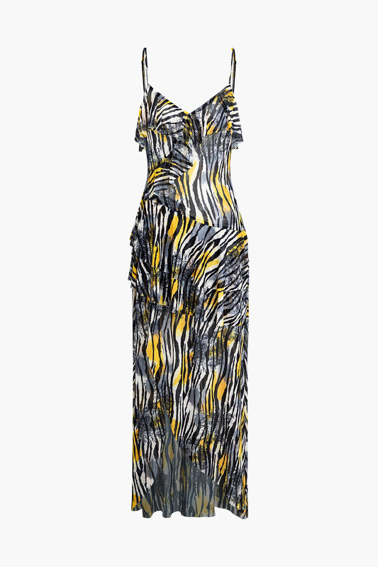 Zebra Print Slit Slip Maxi Dress