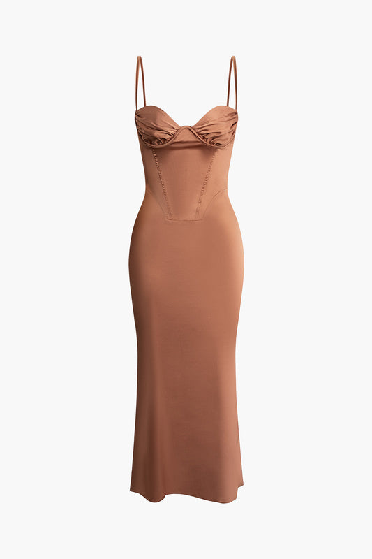 Solid Ruched Slip Midi Dress