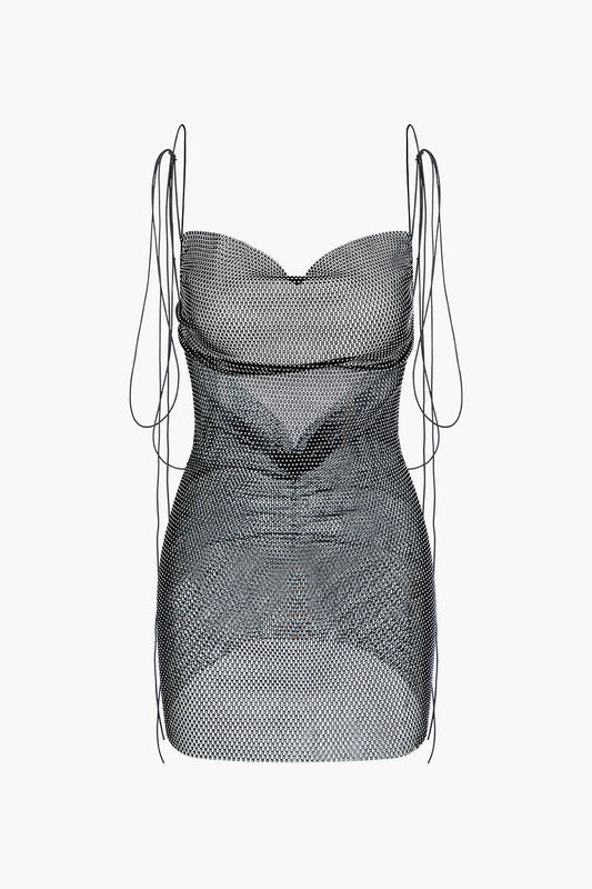 Rhinestone Mesh Strappy Backless Mini Dress