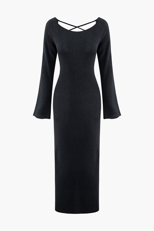 Solid Backless Tie Bell Sleeves Knit Dress