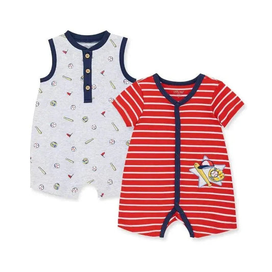 Little Me - 2Pk Baby Boy Baseball Cotton Rompers