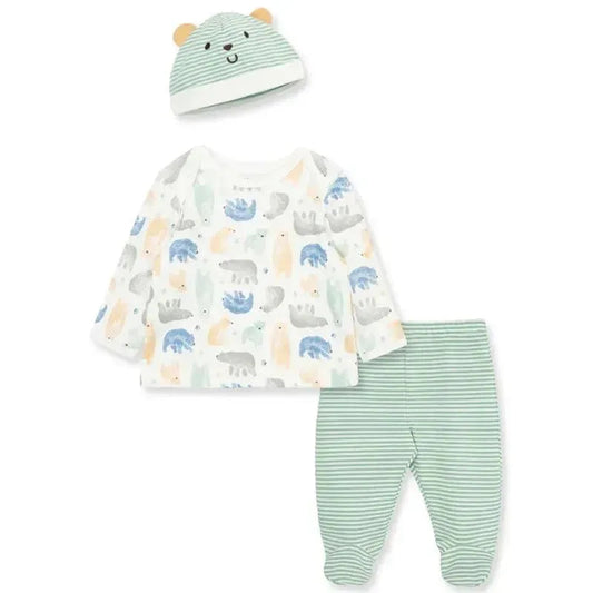 Little Me - 3Pk Fuzzy Bears Interlock Knit Lap-Shoulder Set & Hat