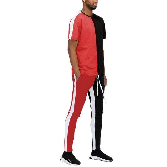 Men's Activewear Mens Red Black Two Way Split Tshirt Pants Set