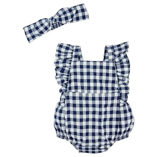Mud Pie - Baby Girl Navy Gingham Bubble & Headband Set