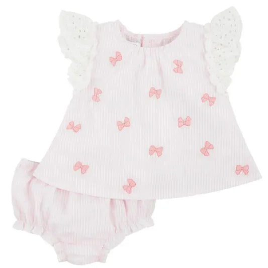 Mud Pie - Embroidered Pink Bow Pinafore Set