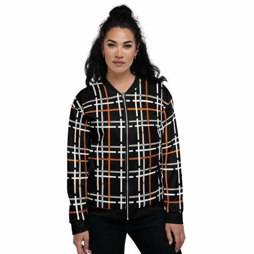Womens Jacket - Black And Orange Tartan Style Bomber Jacket - zoter Shop