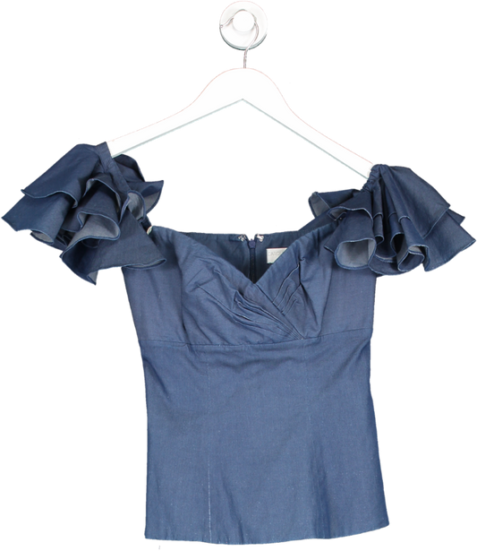 Caroline Constas Blue Denim Look Ruffle Sleeve Top UK XS