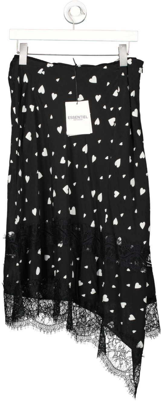 Essentiel Antwerp Black Asymmetric Heart Print Lace Trim Skirt UK 10