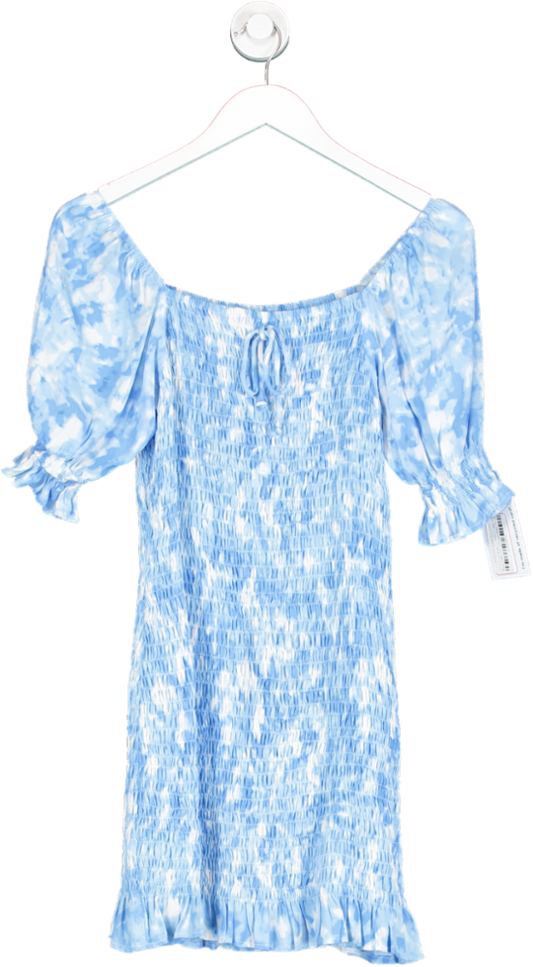 Faithful The Brand Blue Ruched Puff Sleeve Mini Dress UK S