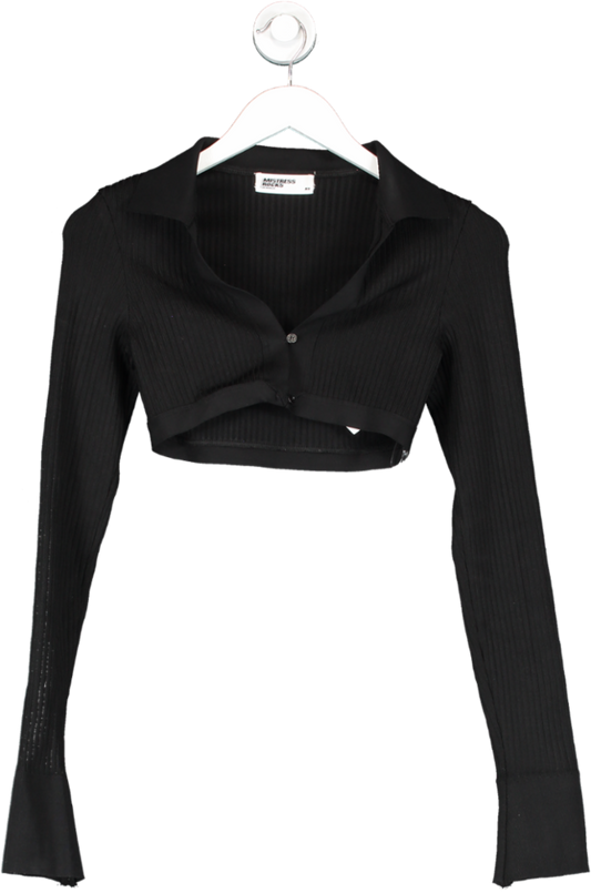 Mistress Rocks Black Collared Cropped Long Sleeve Button Front Top UK XS