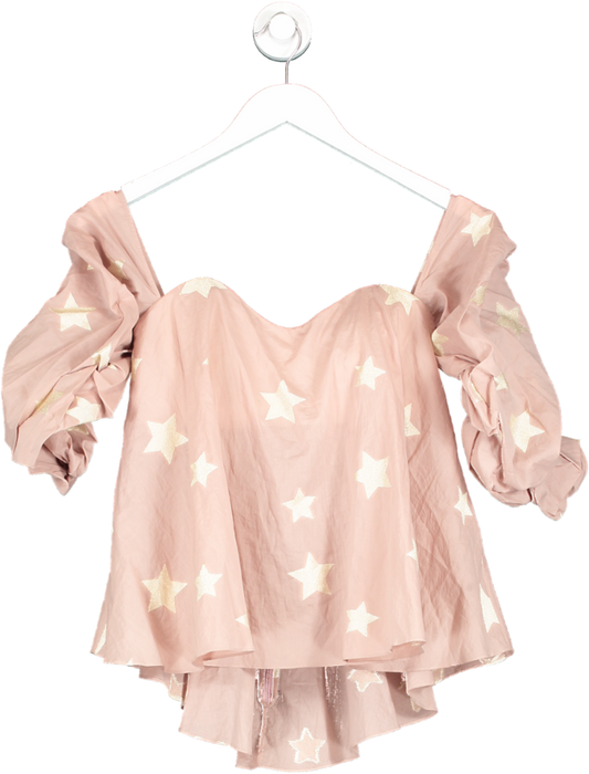 Caroline Constas Pink Off The Shoulder Gathered Sleeve Top With Metallic Stars UK XS