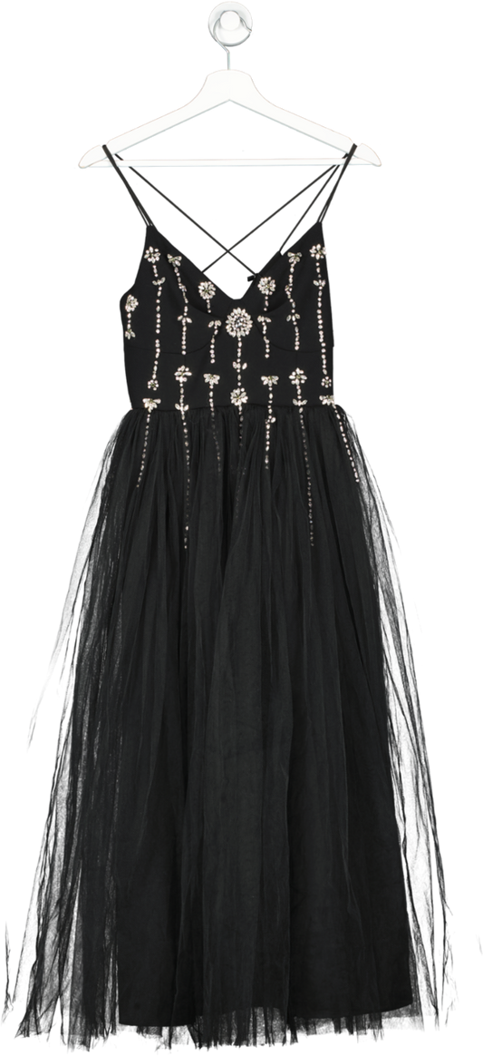Karen Millen Black Crystal Embellished Tulle Midi Dress UK 6