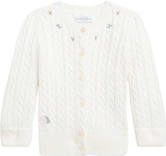 Polo Ralph Lauren White 100% Cotton Cable Knit Cardigan With Embroidered Logo And Flowers BNWT 3 Years
