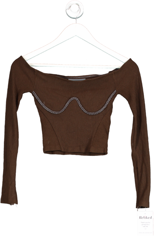 maniere de voir Brown Ribbed Long Sleeve Crop Top UK 4