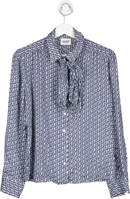 Claudie Pierlot Navy Blue / White Bow Collar Monogram Print Blouse Bnwt UK 8