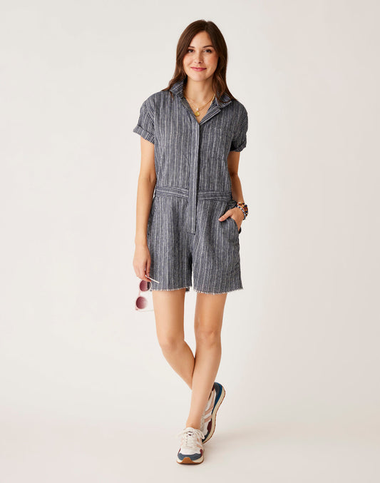 Nyla Linen Romper: Navy Texture
